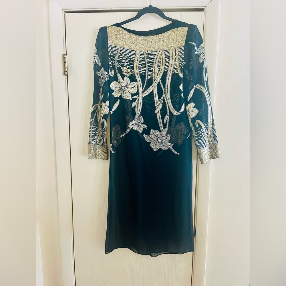 VTG Art Deco Whimsygoth Victorian Ghost Metallic Lurex Thread Sheer 70s Dress S